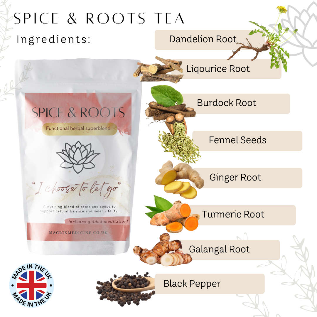 Spice & Roots tea packaging with ingredients listed on a white background