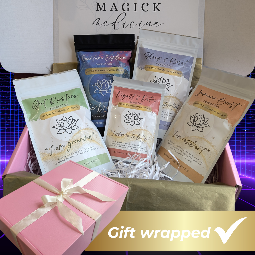 Magic Teas Gift Box wrapped in pink box with white ribbon