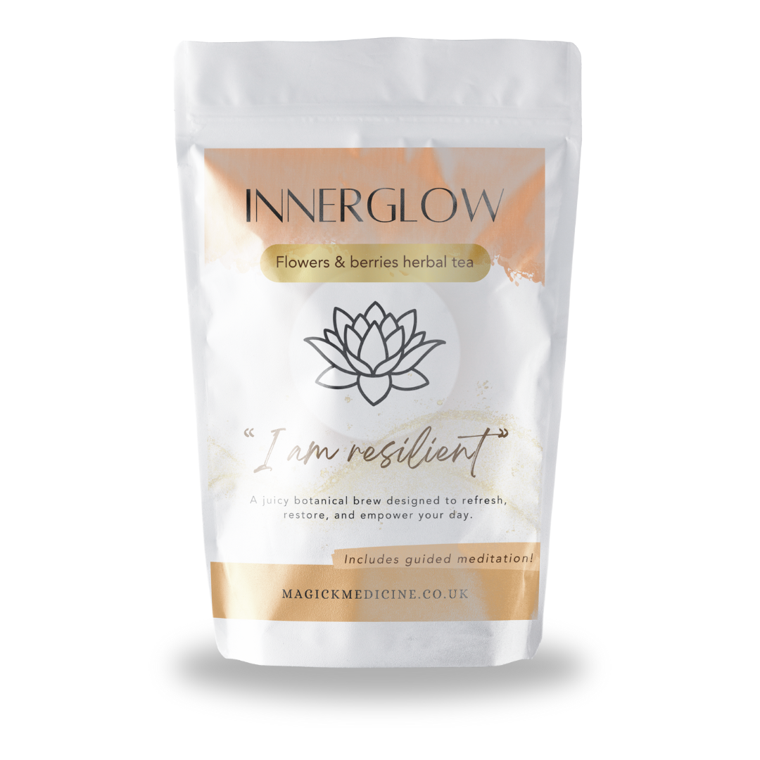 Innerglow herbal tea package with lotus flower design on a white background