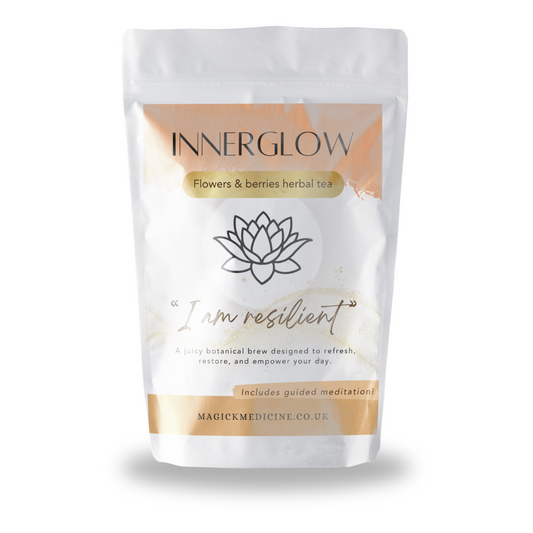 Innerglow herbal tea package with lotus flower design on a white background