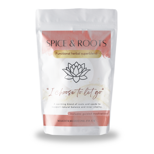 Spice & Roots functional herbal superblend packaging with lotus flower design on a white background