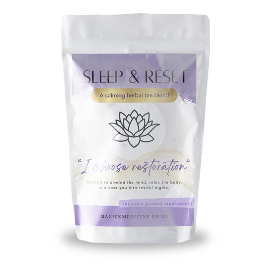 Herbal tea blend package labeled 'Sleep & Reset' with a lotus flower design on a white background.