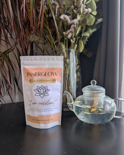 InnerGlow pack beside a teapot, brewed and ready to pour