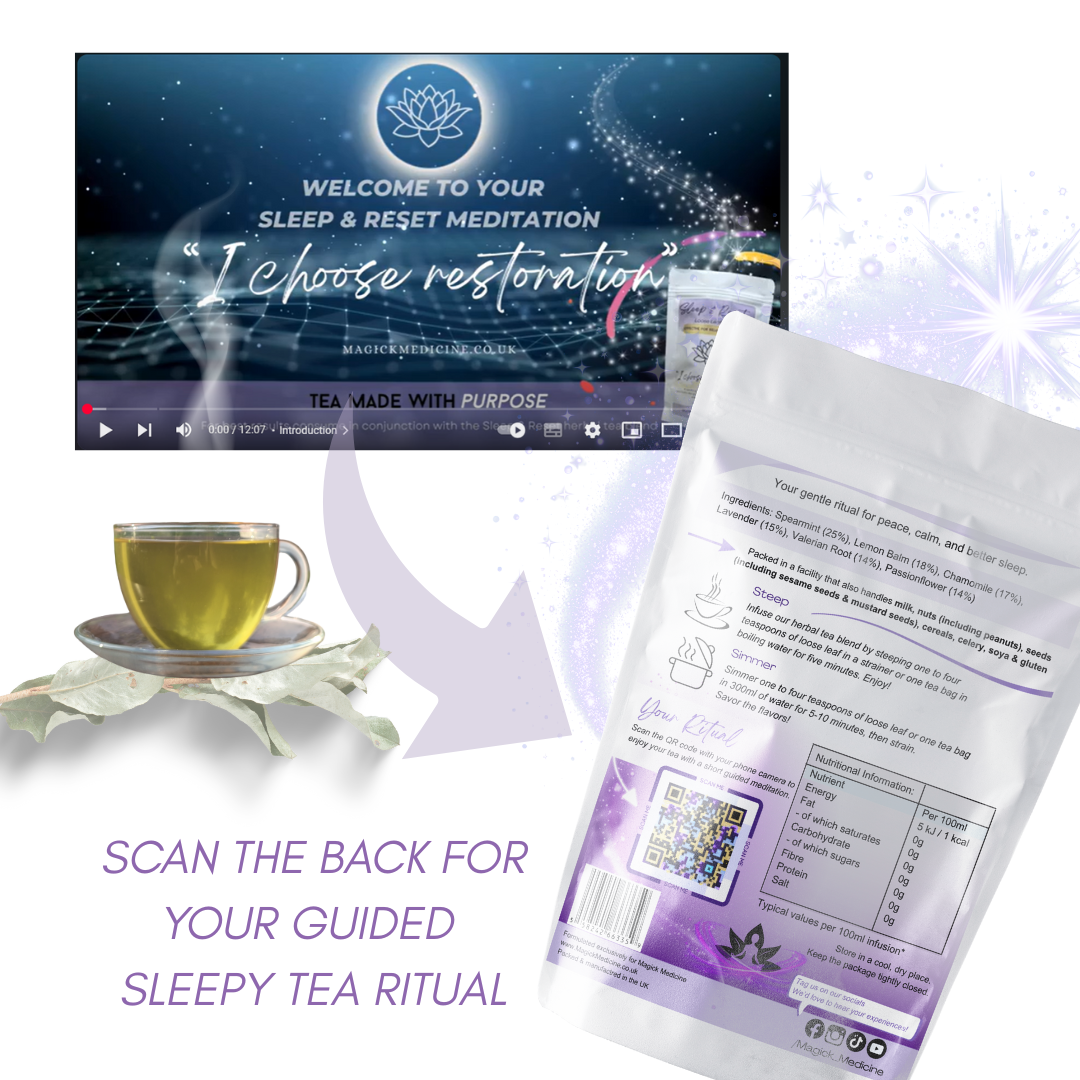 Tea packaging with a digital meditation app interface and tea cup on a white background