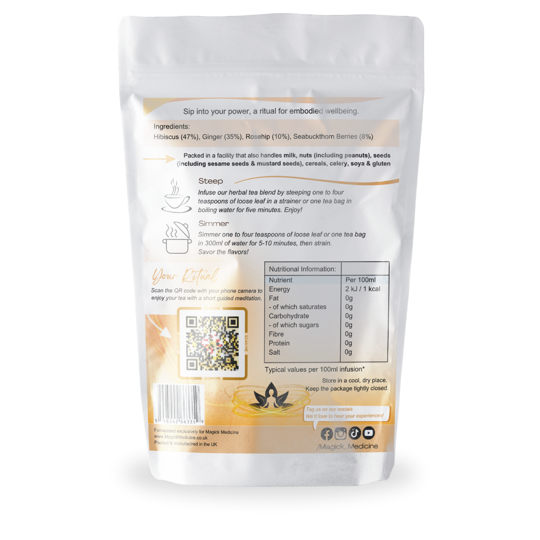 White package with gold text and QR code on a white background