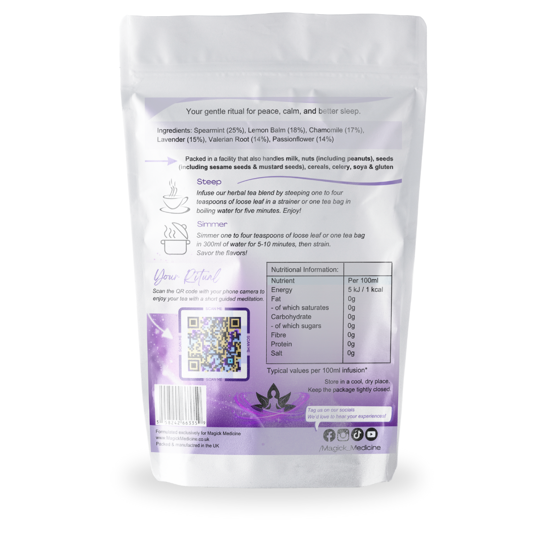 Back view of a purple packaging with text and QR code on a white background