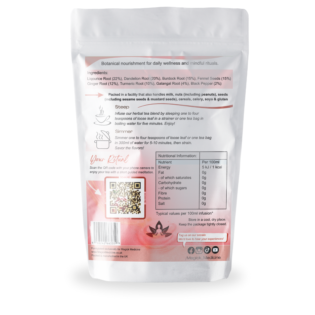 Back view of a herbal tea package with text and QR code on a white background
