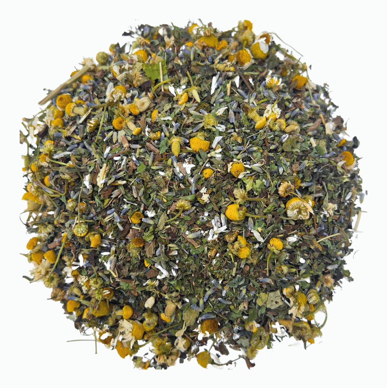 Tea blend with yellow flowers and green leaves on a white background