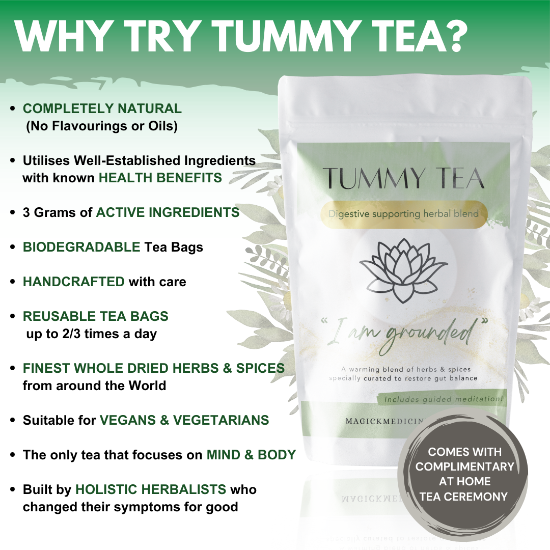 Tummy Tea packaging with promotional text on a green background