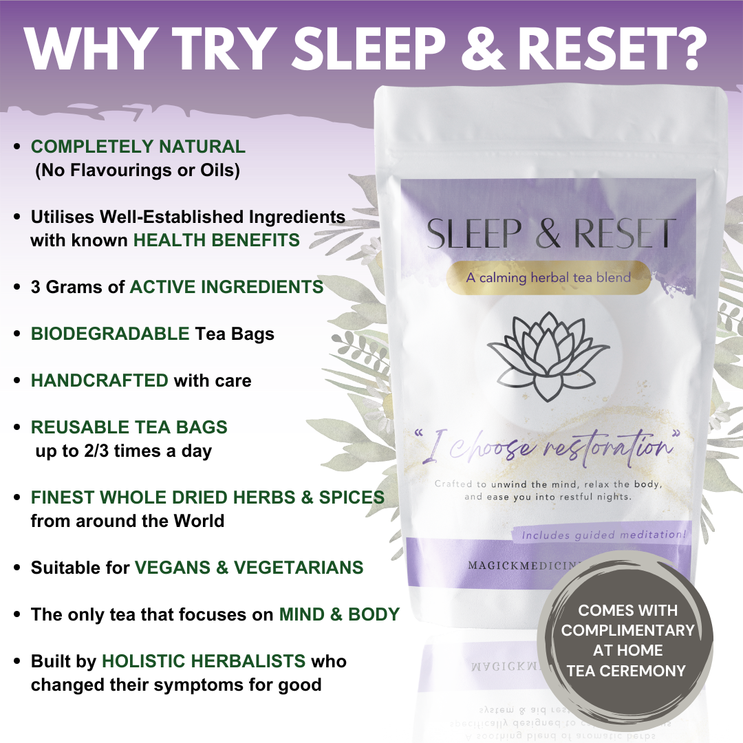 Sleep and Reset tea blend packaging with product details on a light purple background