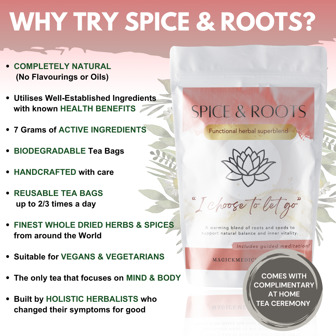 Spice & Roots tea package with product details on a pink background