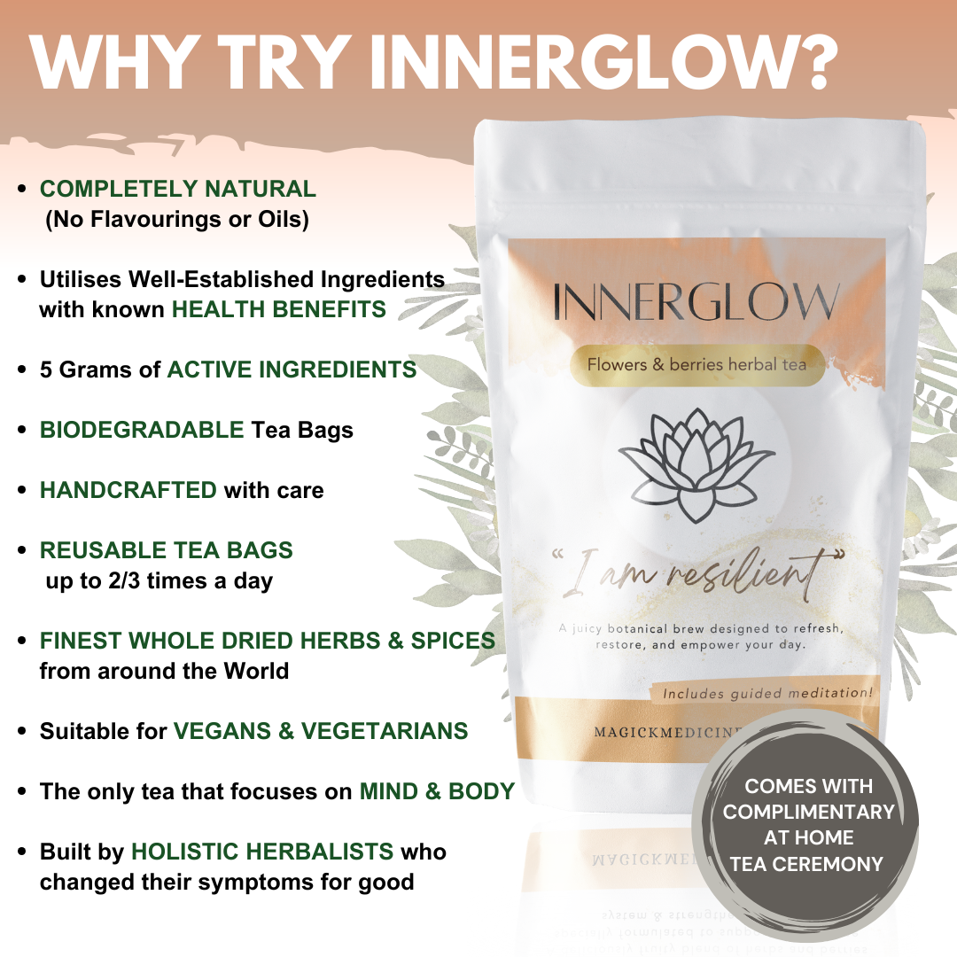 Innerglow tea package with promotional text about its benefits