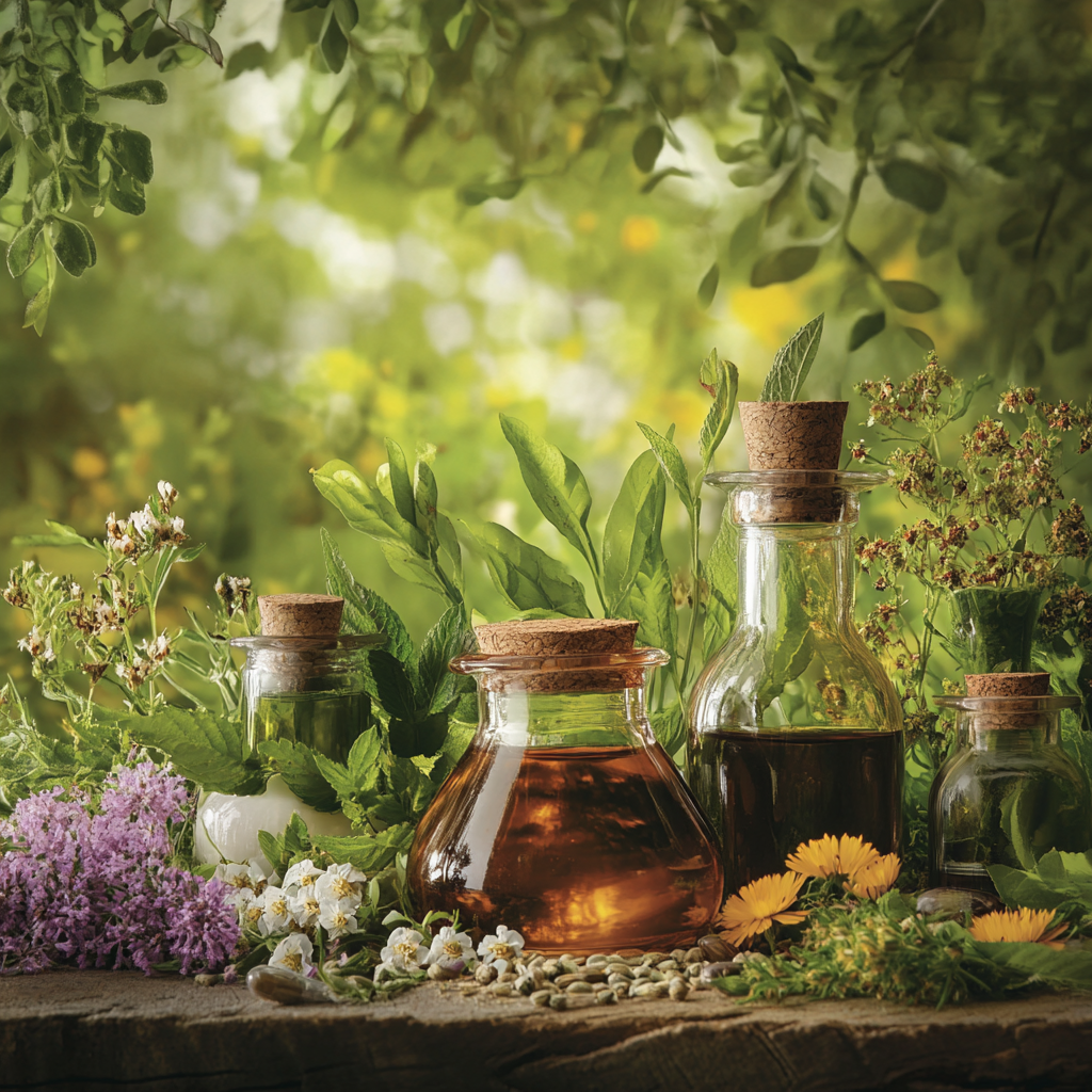 potions in a herbal garden, magic witch