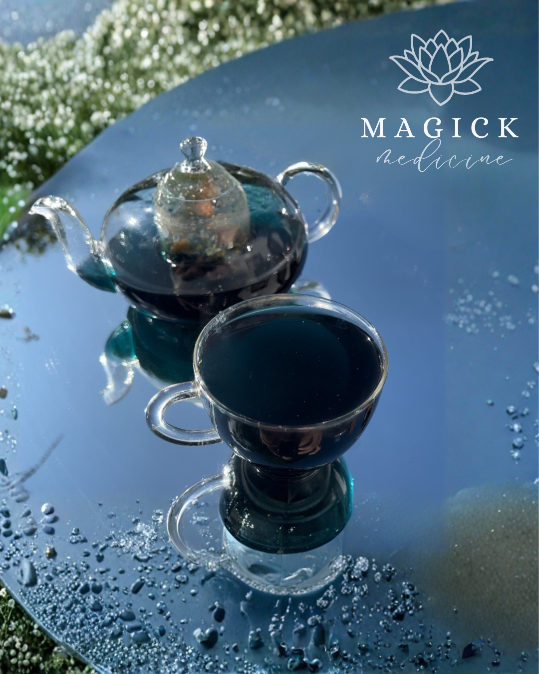 The Dreamer brewed in a glass teapot and cup, showing its deep indigo blue colour