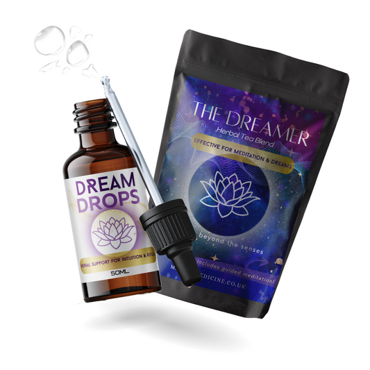 Dream Drops bottle and The Dreamer tea blend packaging on a white background