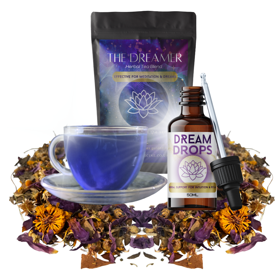 Tea blend, tea cup with blue liquid, and 'Dream Drops' bottle on a white background