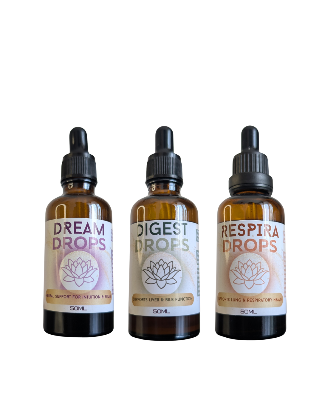 The Tincture Trio - Digest Drops, Dream Drops and Respira Drops herbal tinctures in amber dropper bottles