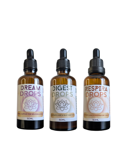 The Tincture Trio - Digest Drops, Dream Drops and Respira Drops herbal tinctures in amber dropper bottles