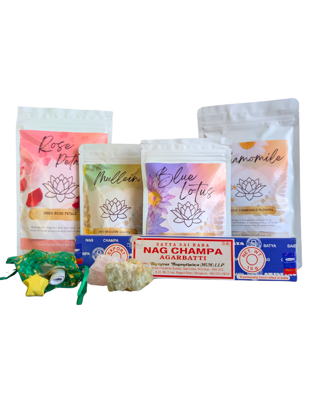 The Flower Ritual Set - loose botanicals, crystals, incense and a mantra star in a green organza bag
